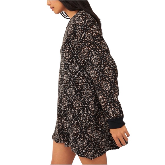 Free People Black Floral Thermal Top Early Night Oversized Cotton Size Small - Picture 5 of 11